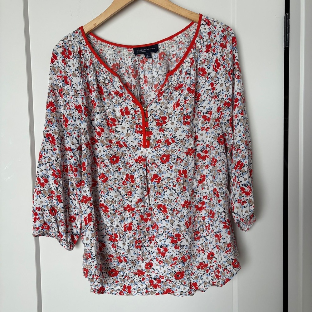 Jones New York Floral Blouse | White Orange | Gold Button V-Neck | L | Coastal C